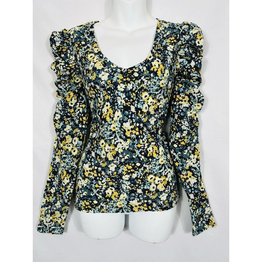 Loft Womens Micro Floral Puff Sleeve Top Size M Cottagecore Boho‎ Prairie Spring